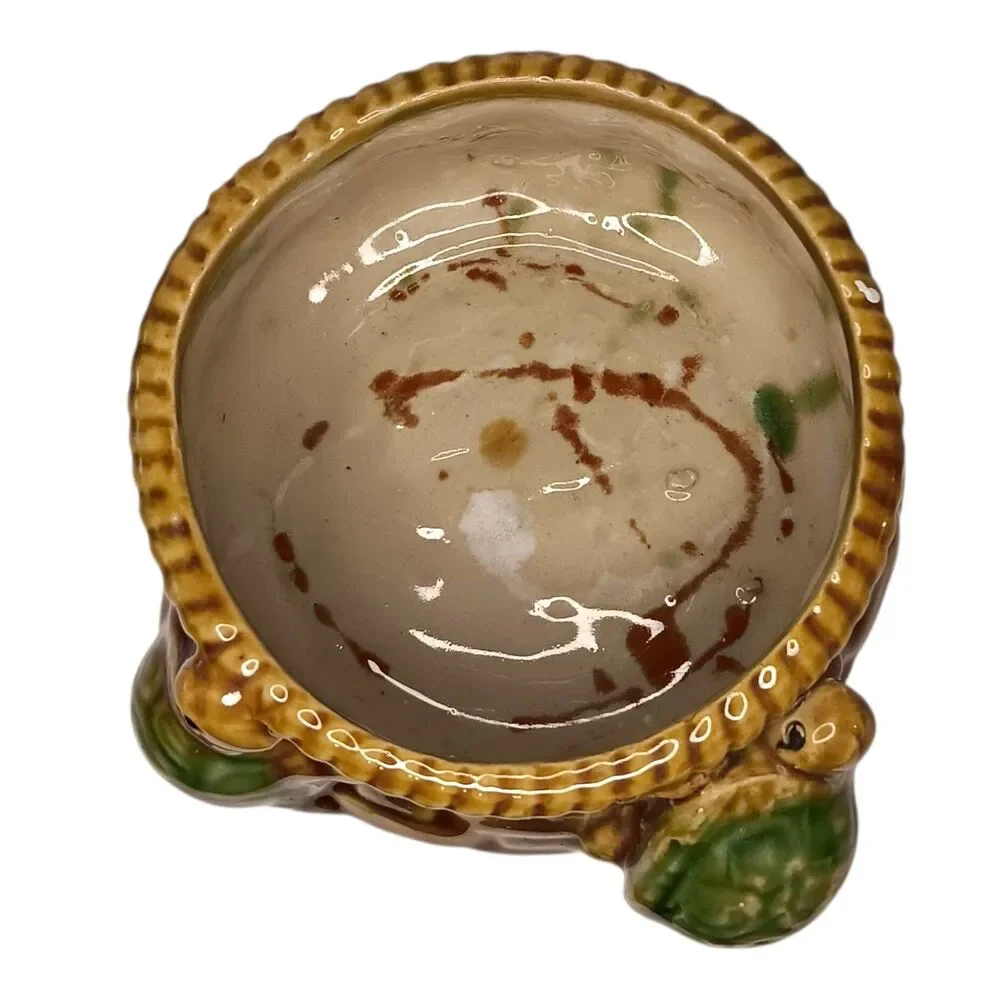Vintage Ceramic Majolica Round Pottery Planter With Turtles Basket Weave Design
